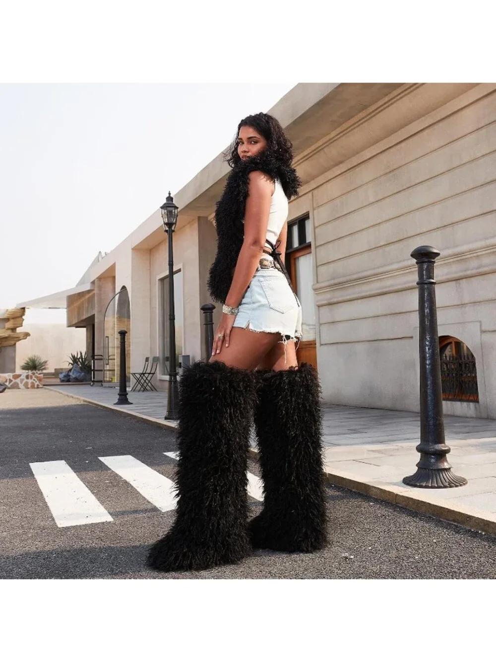Women's Black Shaggy Faux Furry Fuzzy Fluffy Flat Knee-High Slouchy Snow Boot